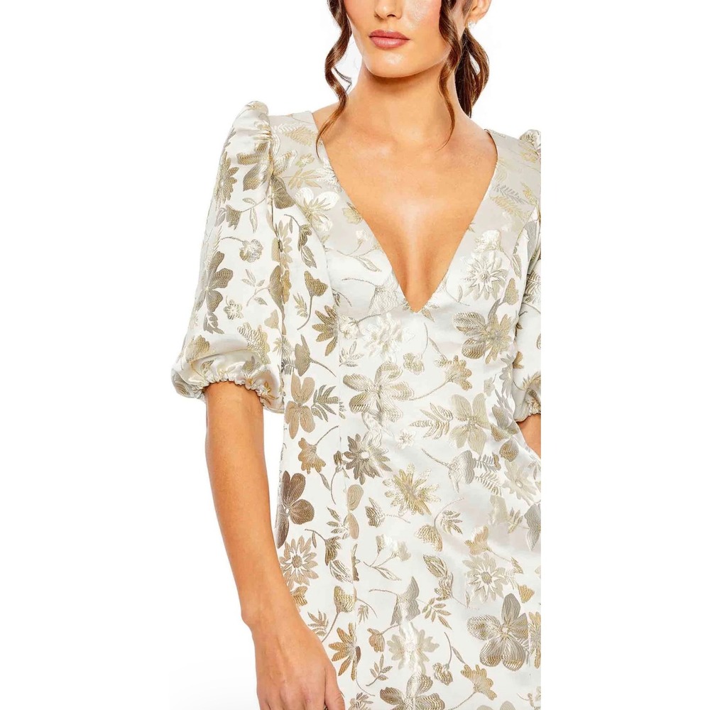 MAC DUGGAL Floral Brocade Puff Sleeve Mini Dress Size 4 Gold NEW 49621 Party - Picture 3 of 13